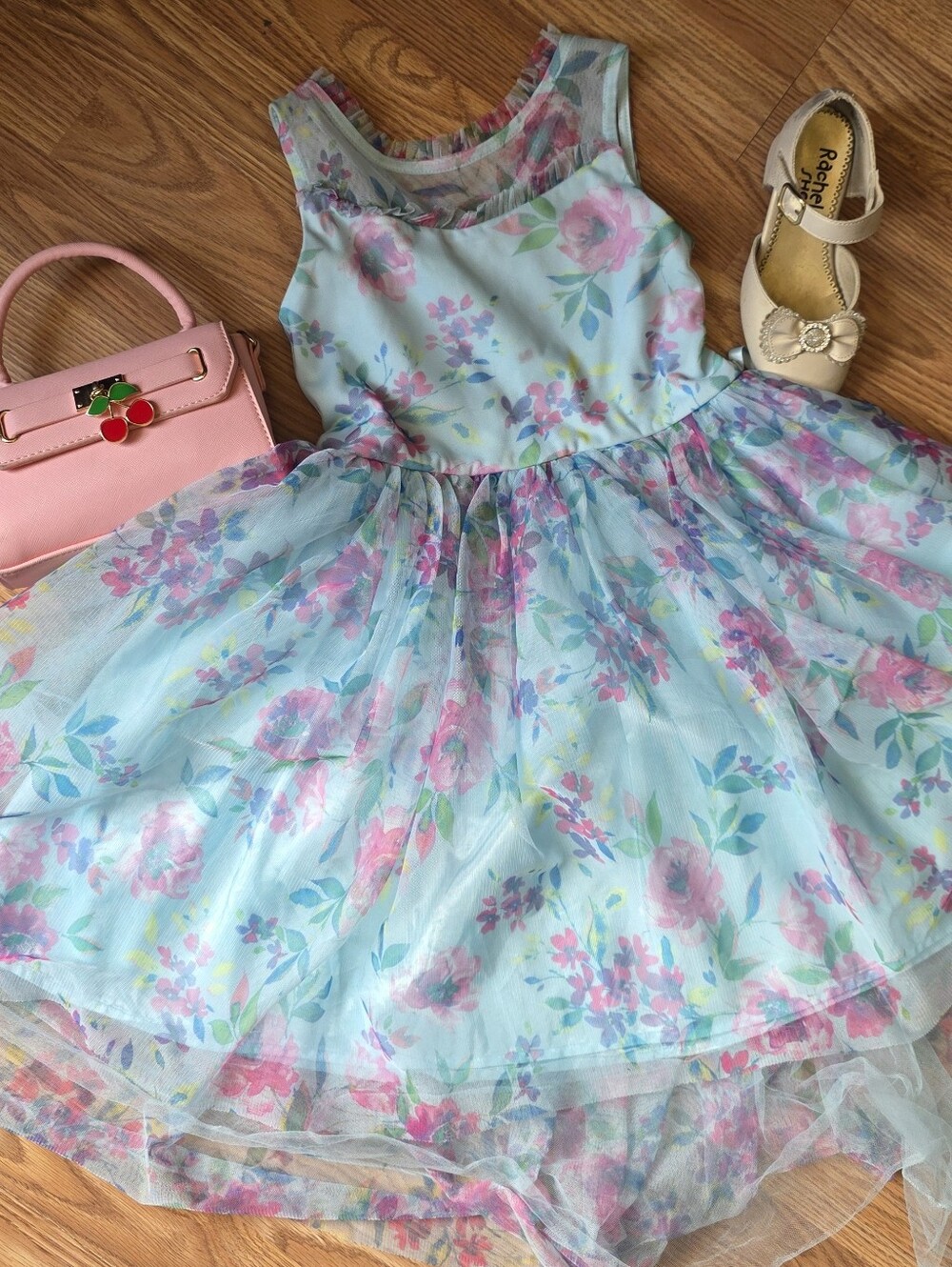 Floral Tulle Party Dress for Girls Sz M (7/8) - Pink & Blue